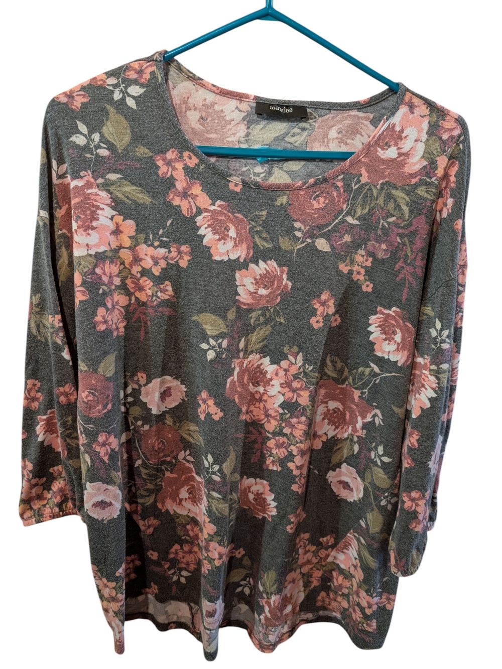 mandee Gray Long Sleeve Floral Scoop Neck Top with Pink Roses